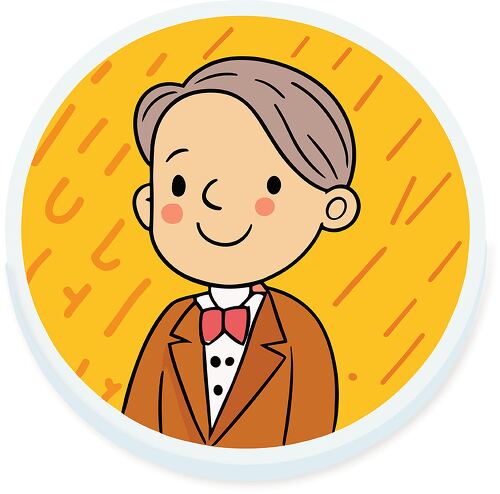 A cartoon illustration of a historical inventor in a brown suit with a bow tie on a yellow background