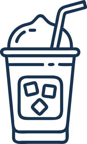 Minimalistic line icon of iced coffee featuring ice cubes and straw