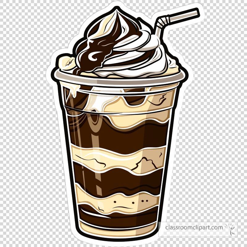 A vibrant sticker design of iced coffee showcasing layers of chocolate and cream topped with whipped cream The straw adds a playful touch to the inviting drink presentation