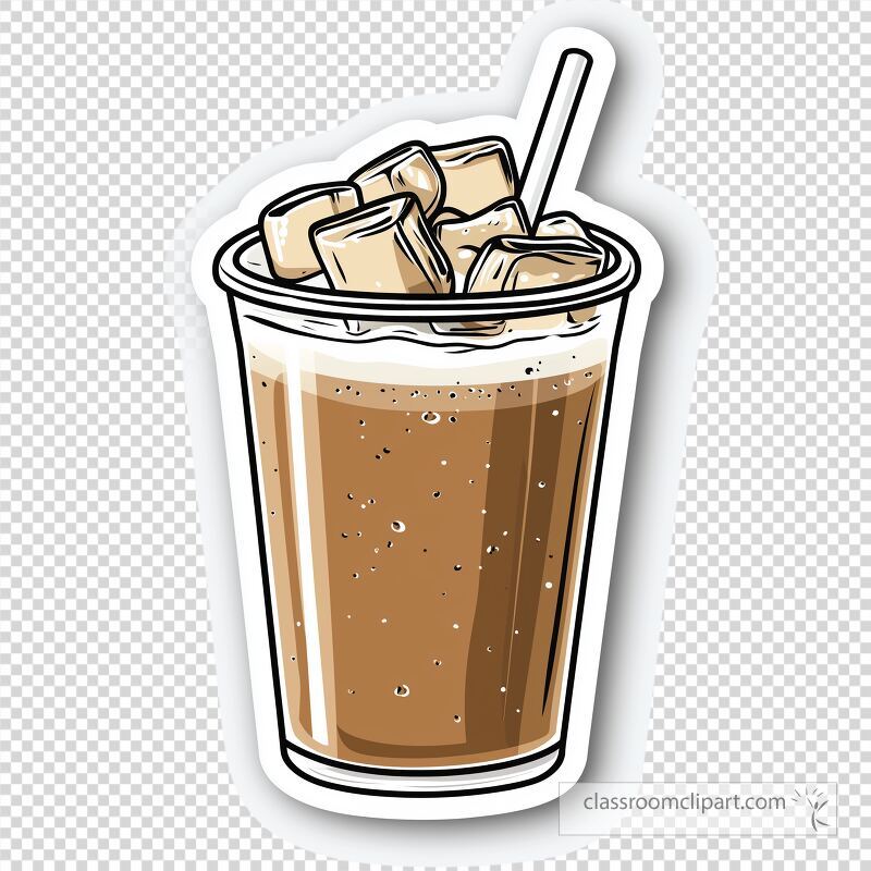 A detailed sticker design features a cup of iced coffee filled with ice cubes The drink appears refreshing and inviting perfect for beverage lovers