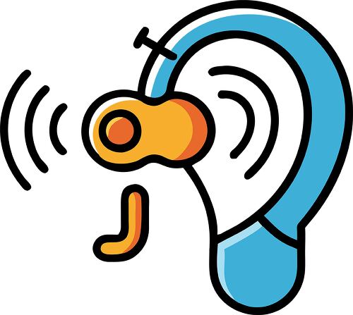 A colorful illustration of a hearing aid attached to an ear, with sound waves emanating from it