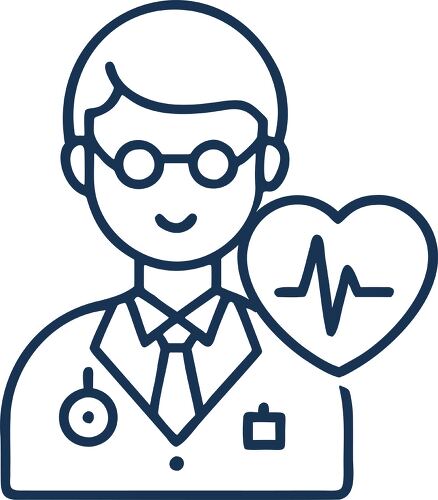 Illustration of a cardiologist wearing glasses and a tie with a heart and heartbeat symbol.