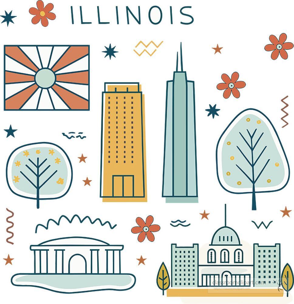 This artwork showcases distinctive symbols and landmarks of Illinois featuring buildings trees and flowers The design reflects elements that represent the states unique character and culture