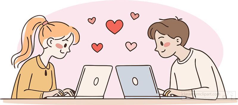 Two young individuals share a joyful moment while using their laptops. Their expressions show warmth and happiness, surrounded by floating heart shapes that symbolize connection.