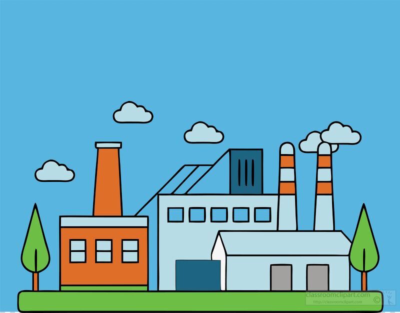 A vibrant depiction of a factory setting with various buildings, smokestacks, and fluffy clouds. Bright colors create a lively atmosphere, showcasing industrial activity in a clear environment.