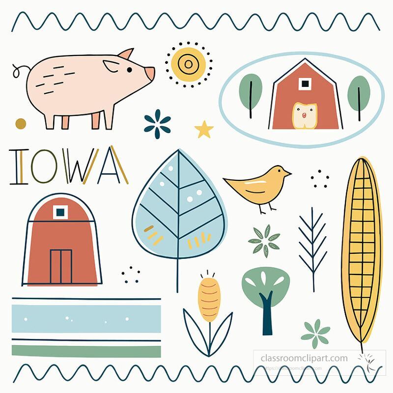 This artwork highlights various symbols of Iowa including a pig barn oak leaf bird and corn The design reflects the natural beauty and agricultural heritage of the state