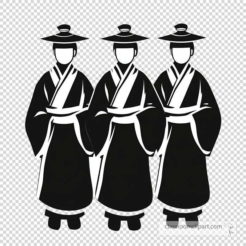 Three traditional figures stand together dressed in minimalist attire that reflects cultural significance Their black and white clothing offers a striking visual contrast in a simple elegant style