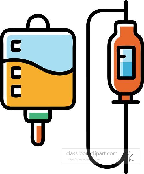 An illustration of an IV bag and drip, depicting a medical infusion setup. The IV bag is filled with a blue liquid and has a yellow section, while the drip line connects to a small orange bottle.