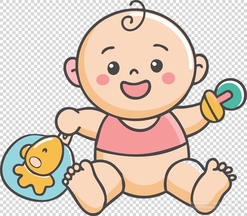 A cheerful baby sits on the floor happily playing with a toy fish and a colorful rattle. Surroundings are bright and vibrant creating a festive playful atmosphere for exploration.