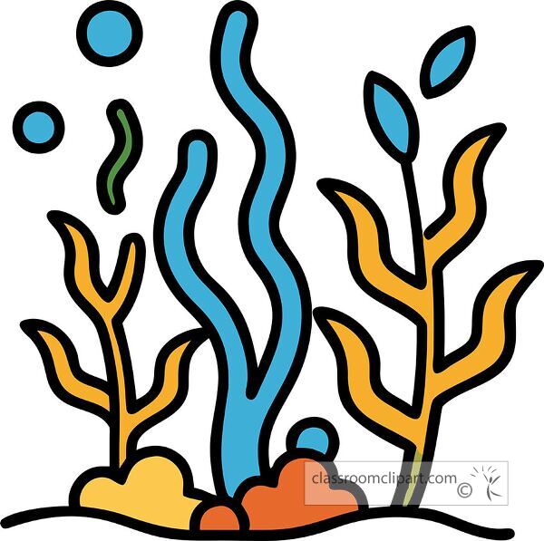 A colorful illustration of underwater plants and seaweed, featuring blue, orange, and green elements