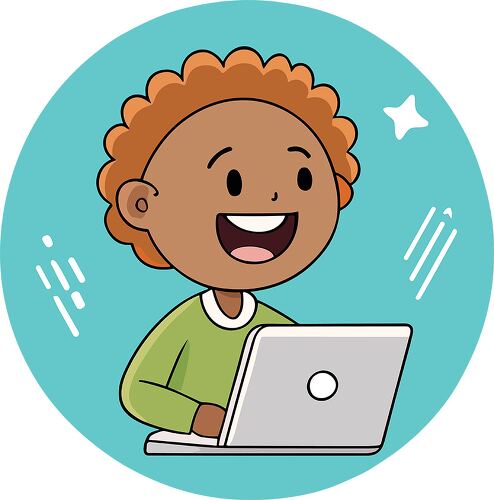 A happy child using a laptop with a bright background ideal for education or online learning