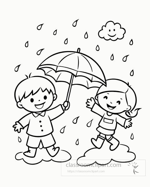 Children play joyfully in the rain with colorful umbrellas oloring page