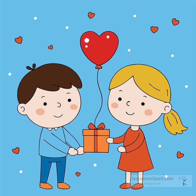 Two cheerful children share a special moment as they exchange a gift The boy holds a present while the girl offers a heart shaped balloon A playful background enhances the joy