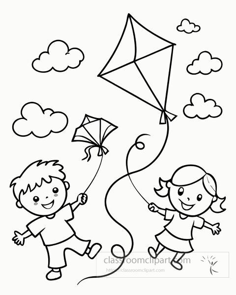 Kids happily fly colorful kites on a windy afternoon outside coloring page