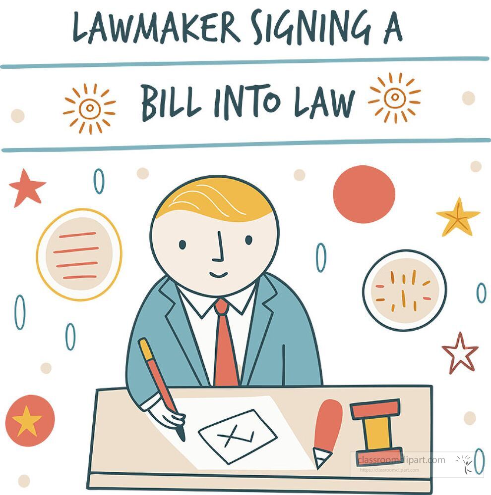 A lawmaker is focused on signing a bill copy at a desk The setting is lively with colorful elements surrounding the lawmaker emphasizing the importance of the legislation