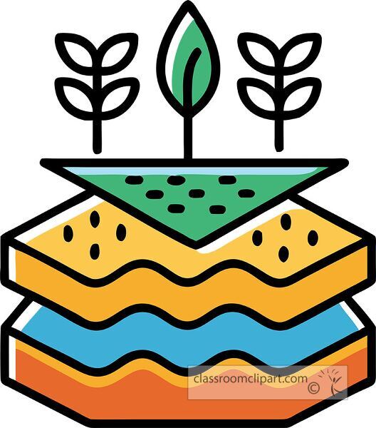 An illustration of layered soil  layers representing different soil and water levels, with small leaves on either side.