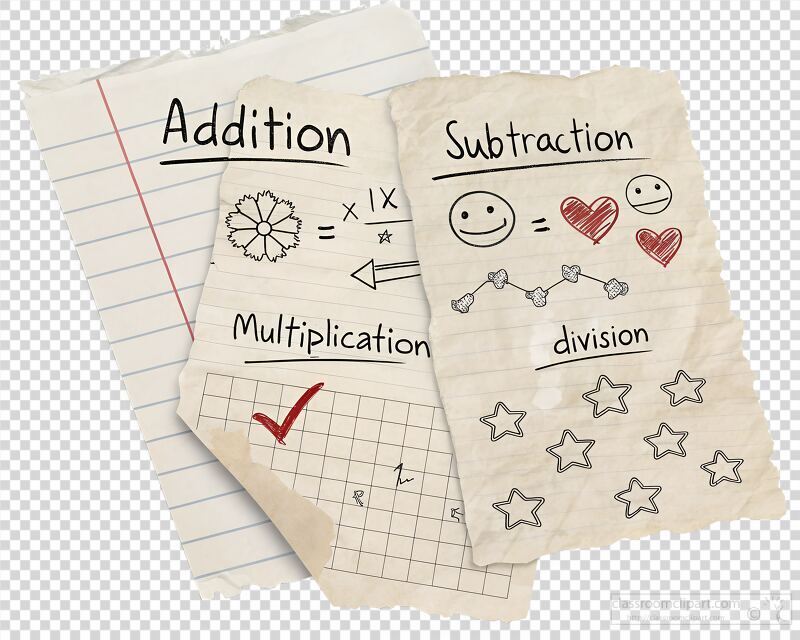 Hand drawn slightly crumpled notes display basic math concepts like addition subtraction multiplication and division with playful symbols illustrating each topic.