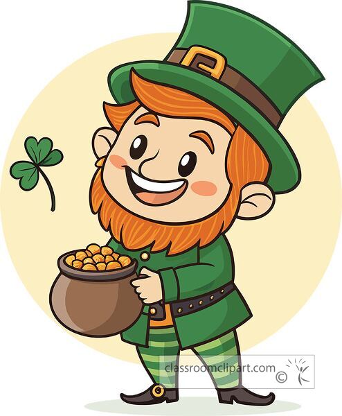 Leprechaun joyfully holds a pot of gold and a clover on St Patricks Day