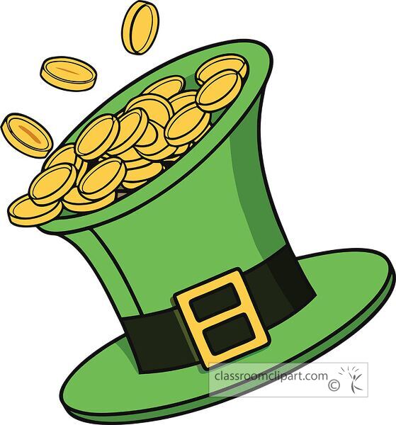 A bright green leprechaun hat filled with shiny gold coins for a festive celebration