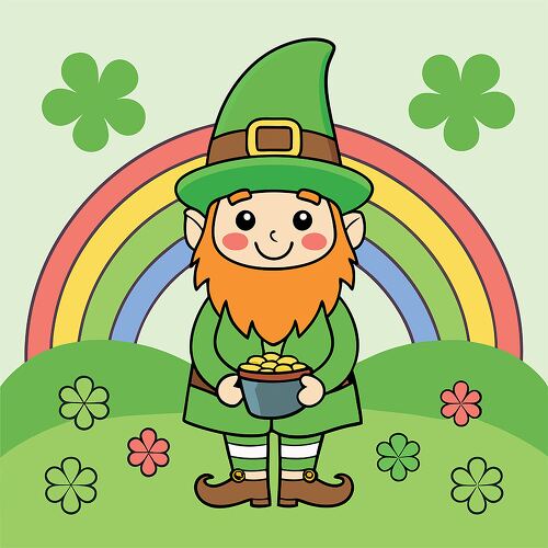 A joyful leprechaun with an orange beard standing under a rainbow while holding a lucky shamrock and a pot of gold