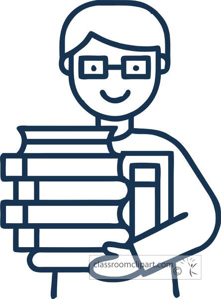 Smiling librarian with stacked books icon