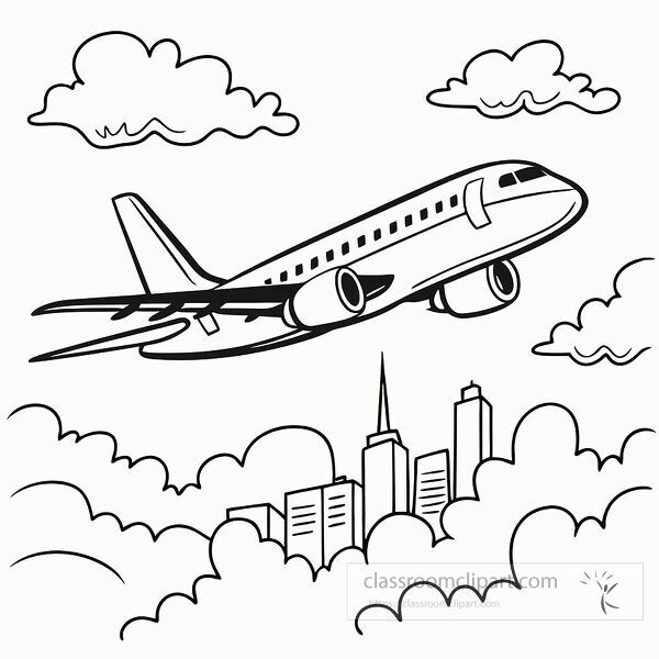 A black and white drawing shows an airplane over a city.