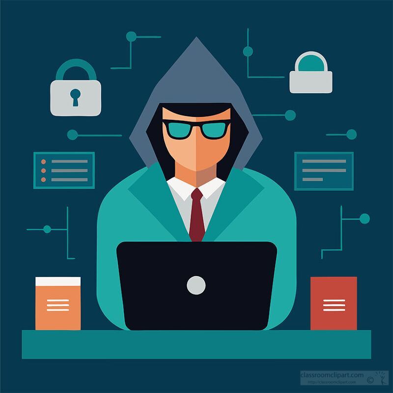 In a modern workspace, a professional in a hooded jacket focuses on a laptop, immersed in cybersecurity tasks. Lock icons and data streams surround them, portraying a high-tech atmosphere.