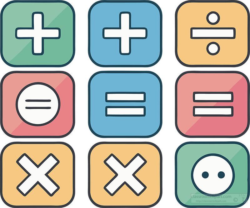 A collection of vibrant icons showcases various mathematical operations including addition subtraction multiplication and division