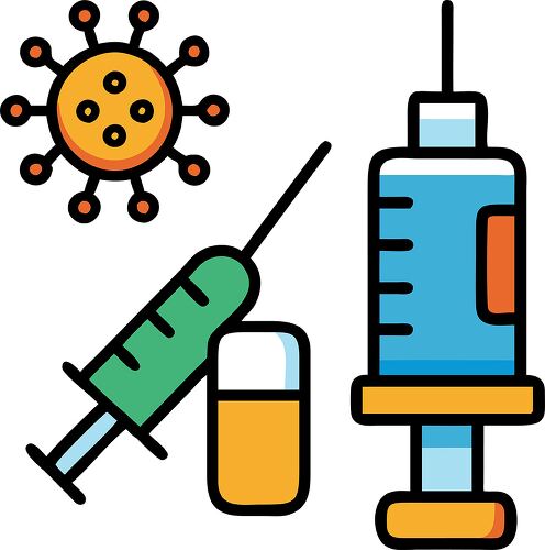 An illustration featuring a virus symbol a syringe and a pill