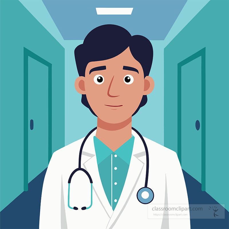 Close up of a medical professional wearing a white coat and stethoscope The background shows a hospital corridor with closed doors and bright lighting creating a clinical atmosphere