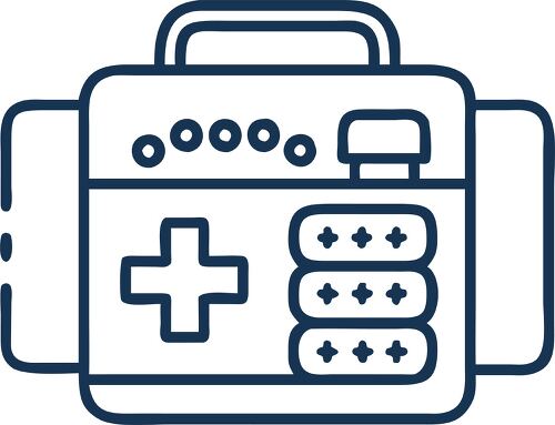 This design features a medicine box icon with clear symbols for health and medication.