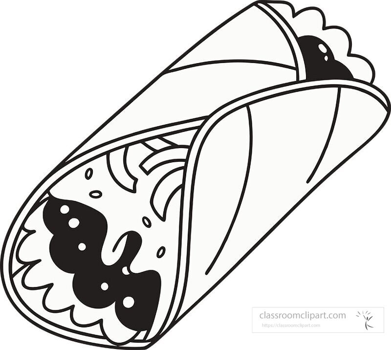 A simple black outline clip art of a Mexican burrito wrapped with various fillings This illustration presents a clean and minimalist look against a white background