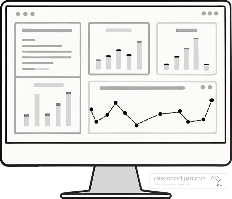 This design illustrates a minimalist icon of a computer monitor displaying stock trading analytics Various graphs and data visuals emphasize market trends and performance analysis