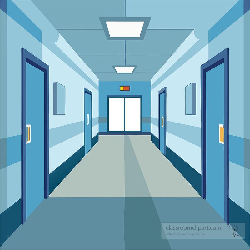 This bright and spacious corridor features blue walls with white accents providing a clean and modern look Doors on either side lead to various rooms in a healthcare clinic