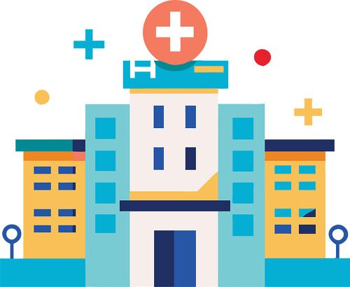 A colorful illustration of a hospital building with a red cross symbol on top