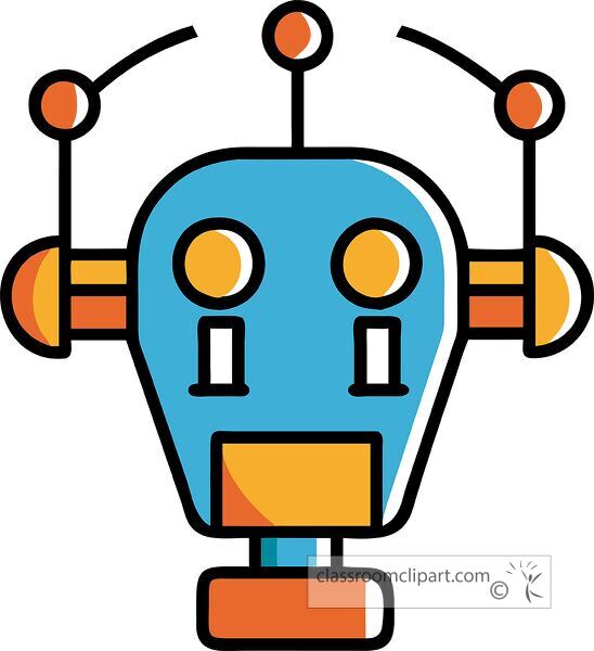 Colorful robot head icon with bold outlines and simple shapes for a playful vibe