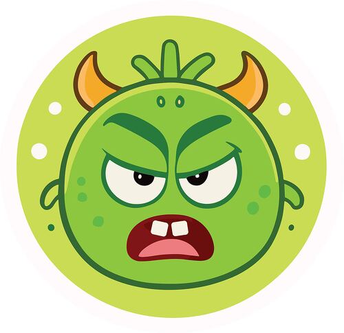 Cartoon monster has a furious look with prominent horns