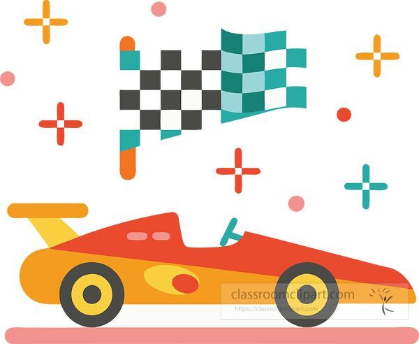 A colorful depiction of a racing car and checkered flag