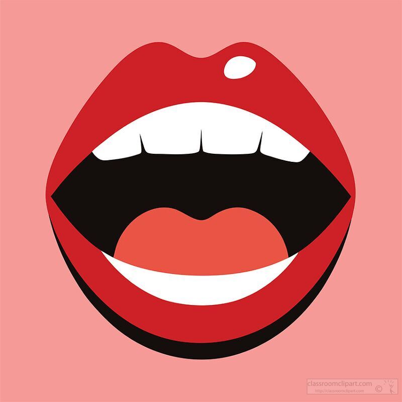 This vibrant clipart features an open mouth with bold red lips and a playful expression. Ideal for animations, music videos, and artistic projects to convey energy and rhythm.