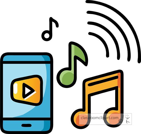 Colorful music streaming icon features smartphone with notes and sound waves