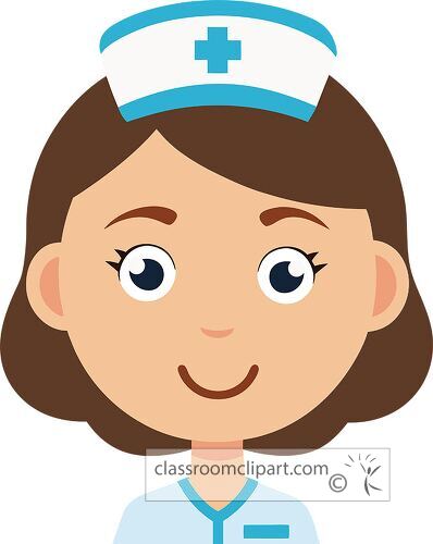 A cheerful cartoon avatar of a nurse in uniform, symbolizing care and compassion in the medical field