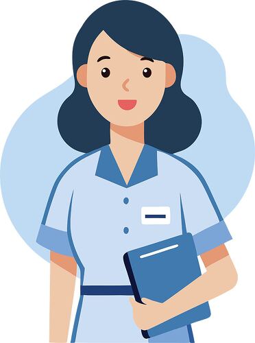 A nurse in a light blue uniform stands confidently with a folder