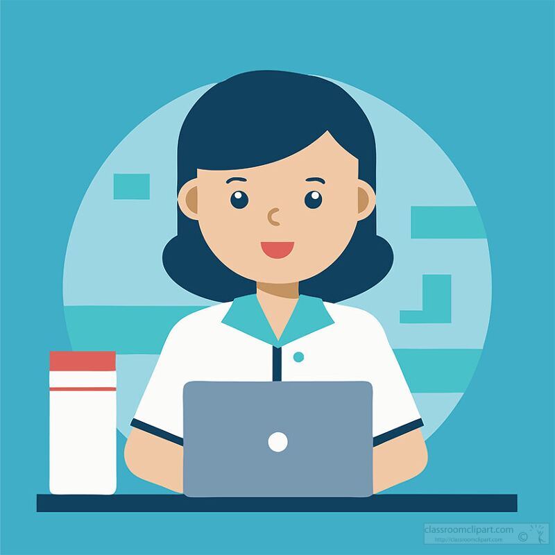 A dedicated nurse sits at a desk, focused on her laptop, surrounded by a bright and cheerful workspace. A coffee cup rests nearby, symbolizing her busy day.