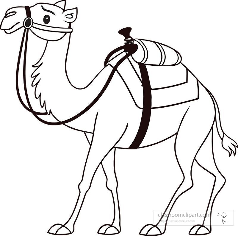 This artwork features a one hump camel equipped with a bridle and saddle The camel stands in profile showcasing its unique shape and details in a simple outline style