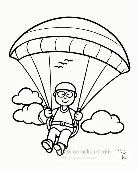 paraglider soars above fluffy clouds on a sunny day coloring printable