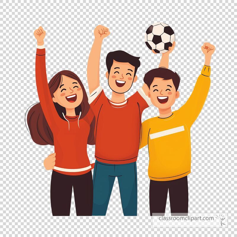 Three enthusiastic parents cheer joyfully after their childs soccer match They express their pride and excitement with raised arms and smiles celebrating the win together