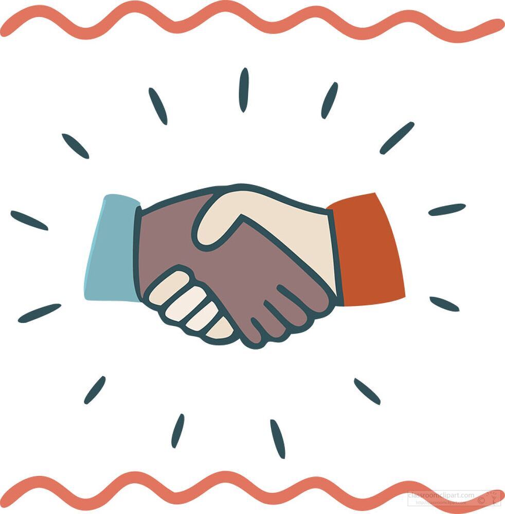 Two hands come together in a handshake, symbolizing trust and partnership. Bright colors and dynamic lines highlight the importance of collaboration in any relationship.