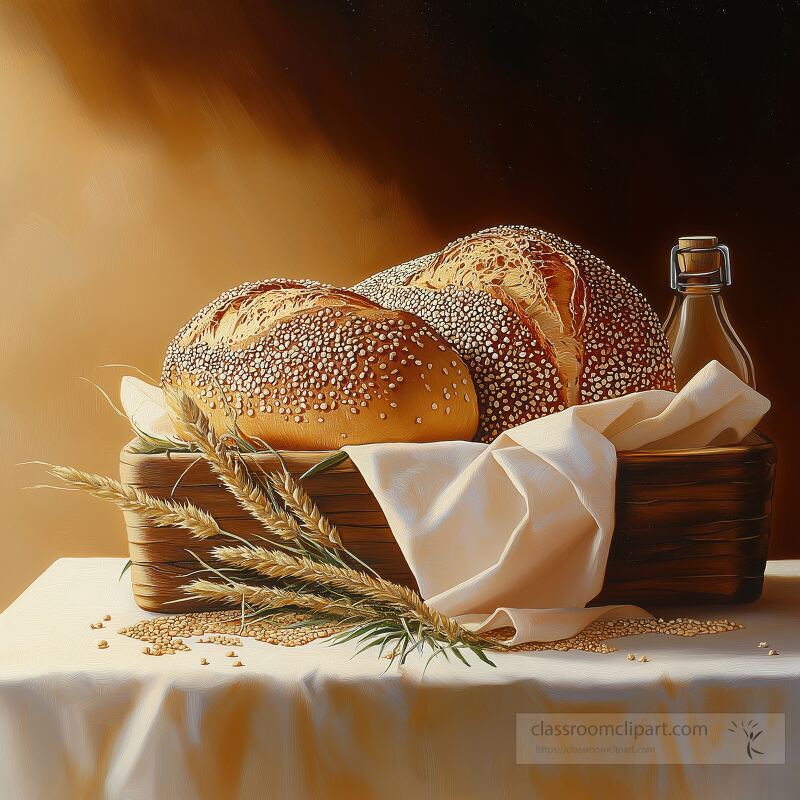 A basket holds two loaves of artisan bread sprinkled with seeds Nearby is a small bottle and the warm light highlights the textures of the bread and the surroundings