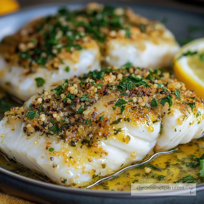 Juicy cod fillets are baked to perfection topped with a crunchy herb crust A side of fresh lemon adds a citrusy touch making this dish vibrant and appealing