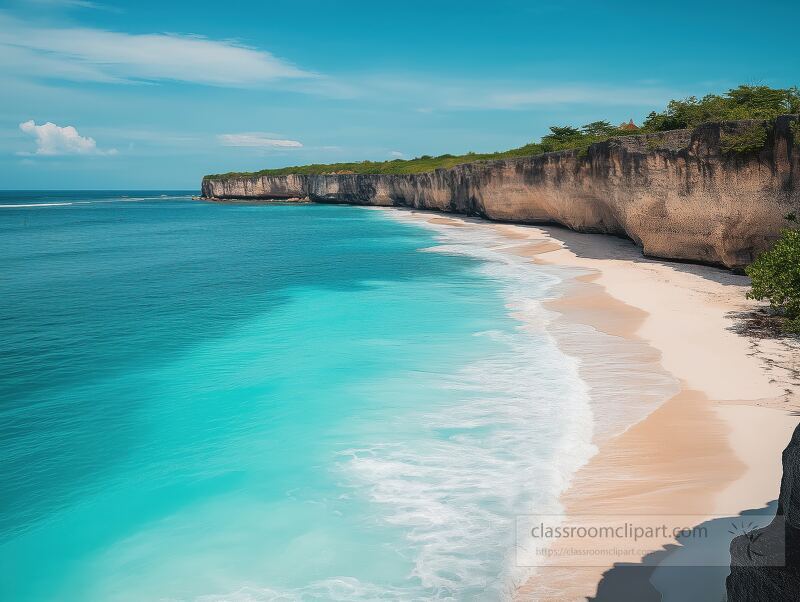 Turquoise waters gently lap against the pristine white sand at Pandawa Beach in Bali. The iconic cliffs rise majestically in the background, creating a serene tropical paradise.